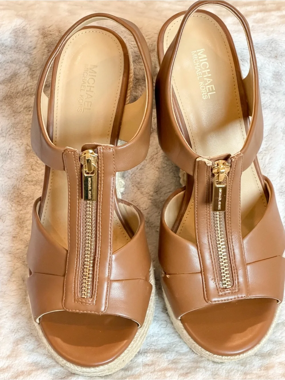 Michael Kors Jute Wedge Sandals Brown Front Zip Gold-Tone, size 7.5